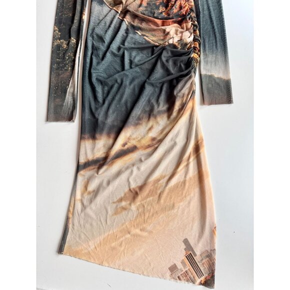 ZARA Grey Beige Landscape Print Mesh Long Sleeve Ruched Maxi Dress, Size M - Picture 11 of 16